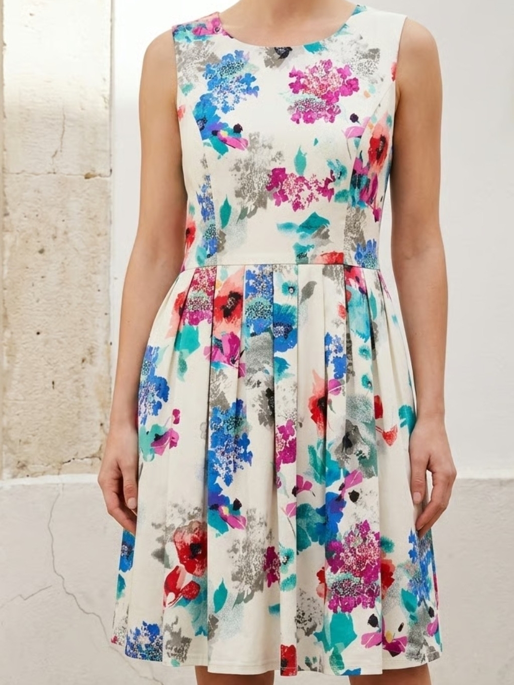 Forcast Cream Floral Pleated Fit-and-Flare Dress